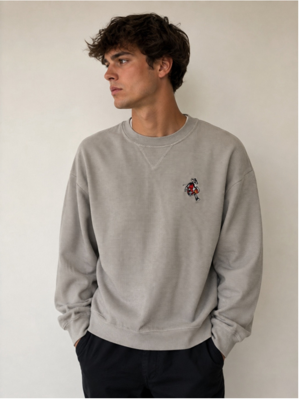 Vintage Walt Disney World Mickey Mouse Waffle Knit Sweatshirt Gray Men’s Large L